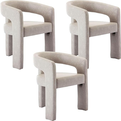 Set of 3 Modern PU Leather Upholstered Dining Chairs with Open-Back, Cute Barrel Side Chairs Kitchen Armchair Accent Chairs for Dining Room Bedroom, Grey