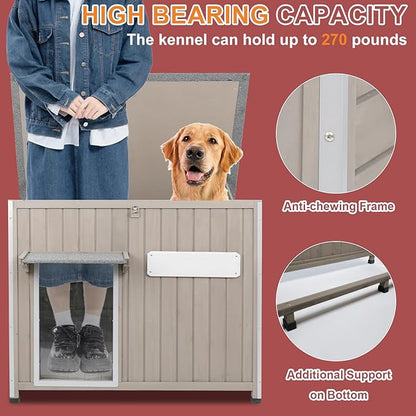 Outdoor Dog House Weatherproof, Wooden Puppy Shelter with Anti-Chewing Iron Frame and Elevated Floor, Sturdy Dog Kennel for Small, Medium & Large Dogs (Gray, 40" L x 26" W x 31" H)