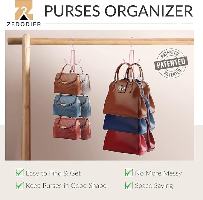 ZEDODIER Purse Hanger Organizer for Closet, 4 Pack Hanging Bag Holder, Keeping Purses Visible and in Good Condition, Metal Handbag Storage Hook Backpack Rack Space Saving Hanger, Pink