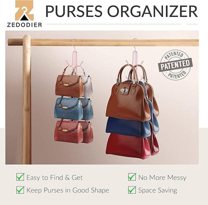ZEDODIER Purse Hanger Organizer for Closet, 4 Pack Hanging Bag Holder, Keeping Purses Visible and in Good Condition, Metal Handbag Storage Hook Backpack Rack Space Saving Hanger, Pink