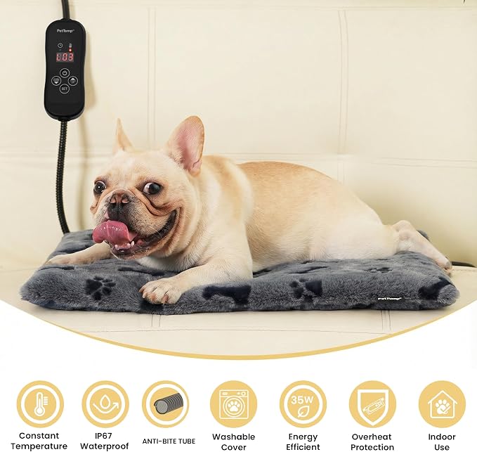 Pet Heating Pad for Cats Dogs, Heated Cat Dog Bed with 5 Temperature Levels, Timer, Auto Shut-Off, Thick Paw-Print Cover, Chew Resistant Cord for Indoor & Sheltered Outdoor Use (M: 20" x 16" x 1.3")
