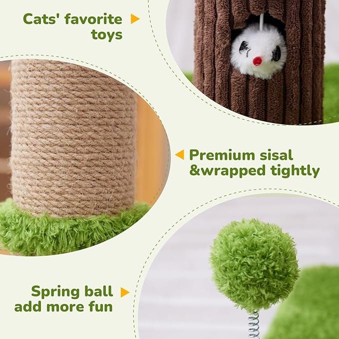 Woochpet 33" Tall Cat Scratching Post for Indoor Cats, Premium Sisal Scratch Posts with Cat Toys and Fun Mouse Holer for Cats at All Ages, Scratcher Tree with Reinforced Stable Base (Green)