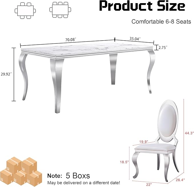 7-Piece Dining Table Set for 6, Faux Marble Modern Dining Table Set with 6 Big Oval Backrest Chairs, 70“ Stainless Steel Legs Table & Chair Set for Kitchen, Dining Room, White & Silver