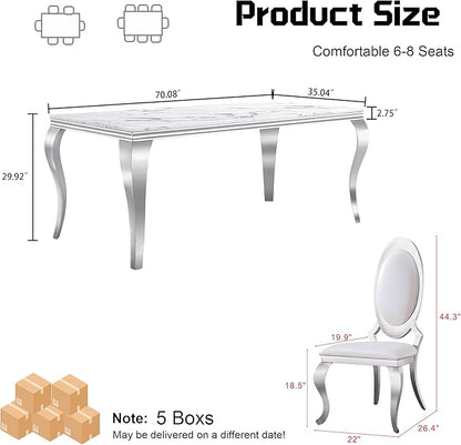 7-Piece Dining Table Set for 6, Faux Marble Modern Dining Table Set with 6 Big Oval Backrest Chairs, 70“ Stainless Steel Legs Table & Chair Set for Kitchen, Dining Room, White & Silver