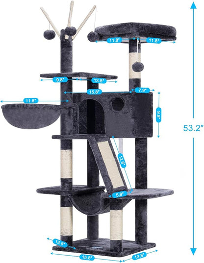 Hey-brother Cat Tree, 53 inch Cat Tower for Indoor Cats, Cat House with Padded Platform Bed, Toy Balls, Large Cozy Condo, Hammocks and Sisal Scratching Posts, Smoky Gray MPJ019-SG