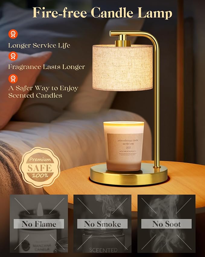 Candle Warmer Lamp with Timer Dimmer, Candle Lamp Warmer with Linen Shade - Birthday House Warming Gift for Women Mom Her - New Home Decor for Bedroom with 2 Bulbs (Gold)