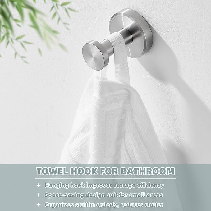 APLusee Brushed Nickel Towel Hook, 304 Stainless Steel Robe Hook for Bathroom, Heavy Duty Hand Towel Hanger Wall Mounted