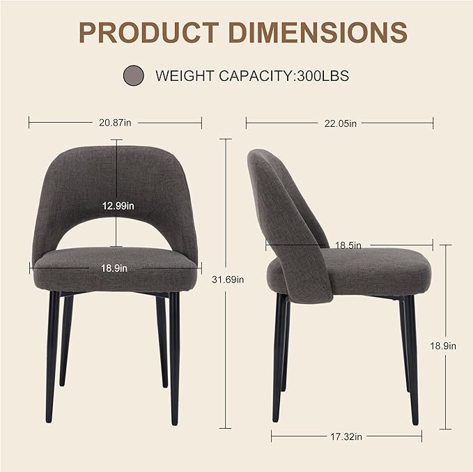 Modern Dining Chairs, Fabric Upholstered Accent Kitchen Chairs with Comfy Padded Seat & Sturdy Metal Legs, Side Farmhouse Chairs for Dining Room, Living Room, Restaurant (Brown, Set of 2)