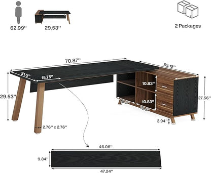 Tribesigns 78.7-Inch Executive Desk, L-Shaped Desk with 55-Inch Cabinet, Large Office Desk with Storage Shelves, Modern Computer Desk for Home Office, Black & Walnut