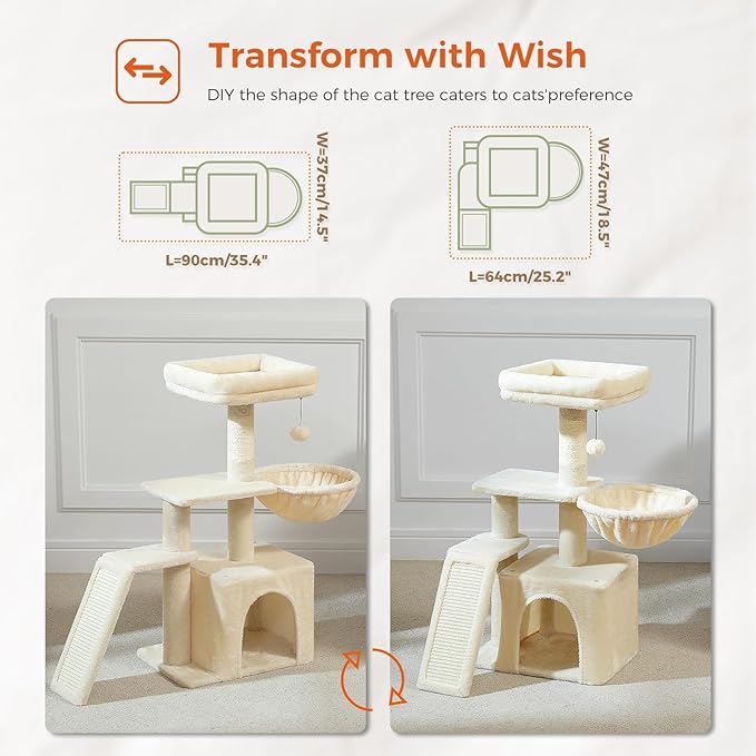 PETEPELA Small Cat Tree for Indoor Cats, 32'' Cute Cat Tower Cat Condo with Sisal Scratching Ramp, Cozy Hammock and Removable Top Bed Perch for Kittens, Beige
