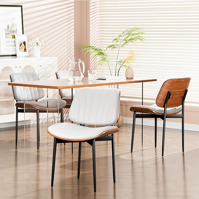 Dining Chairs Set of 4, Dining Room and Kitchen Chairs, FSC Certified Mid Century Modern Accent Chair, Upholstered PU Leather Chairs for Vanity with Walnut Bentwood and Metal Legs, White