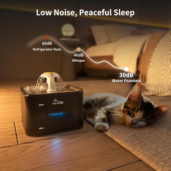 Crystal Cat Water Fountain Stainless Steel with 4 Filters and 4 Sponges, 101oz/3L Pet Fountain with LED Light for Cats and Dogs (Black)