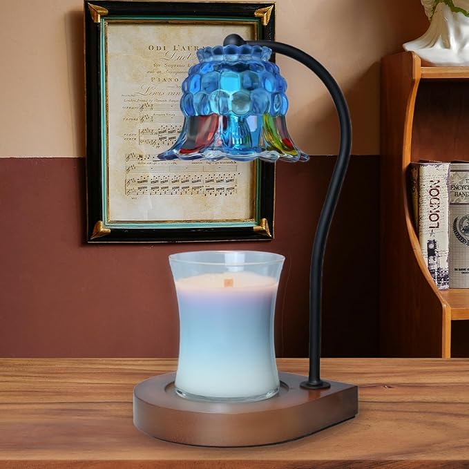 Candle Warmer Lamp Timer for Women Mom, House Warming Gifts New Home Decor, Modern Farmhouse Decor, BlueColorful Glass Flower Candle Warmer for Jar Candles with 2 Bulb