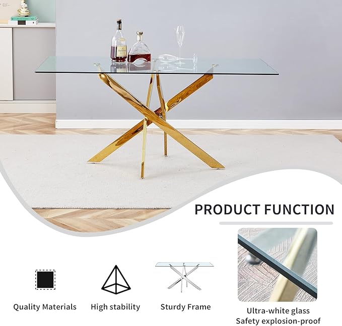 Goujxcy 51" Glass Dining Table Set for 4, Modern Kitchen Table and Chairs Set w/Steel Legs, 5-Piece Dining Table Set w/Glass Gold Dining Table and 4 Beige Velvet Chairs for Kitchen Dining Room