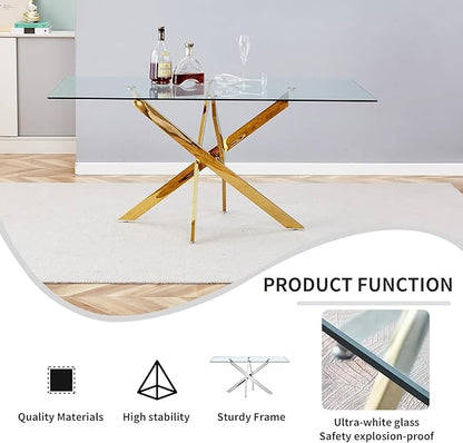 Goujxcy 51" Glass Dining Table Set for 4, Modern Kitchen Table and Chairs Set w/Steel Legs, 5-Piece Dining Table Set w/Glass Gold Dining Table and 4 Black Velvet Chairs for Kitchen Dining Room