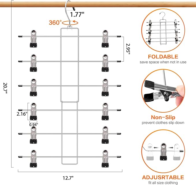 4 Pack Pants-Hangers-Space-Saving,6 Tier-Closet-Organizers-and-Storage Skirt Hooks with Clips,Closet-Organizer-Clothes-Organization-and-Storage Jeans Scarf Holder,College-Dorm-Room-Essentials Decor