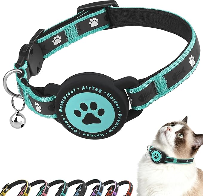 Airtag Cat Collar Breakaway, Reflective Cat Collar with AirTag Holder and Bell, Compatible with Apple Air Tag, Comfortable Padding, Adjustable, Durable (Turquoise, XS)