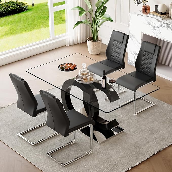 63'' Glass Dining Table Set for 4, Kitchen Table Chairs Set of 4, Clear Glass Dining Table with Black unique design Leg and Silver Metal Base, 4 PU Dining Chairs with Metal Legs, Living Room, Kitchen.