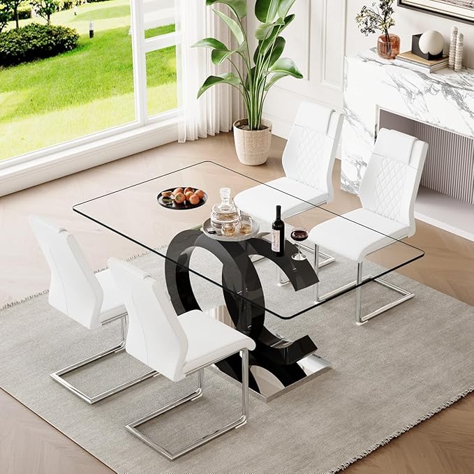 63'' Glass Dining Table Set for 4, Kitchen Table Chairs Set of 4, Clear Glass Dining Table with Black unique design Leg and Silver Metal Base, 4 PU Dining Chairs with Metal Legs, Living Room, Kitchen.