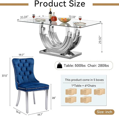 7 Piece Dining Table Set with 6 Blue Dining Chairs, Modern Glass Kitchen Table and Chairs Set for 6, 70" Rectangle Silver Glass Pedestal Dining Room Tables with Ring-Shape Stainless Steel Base