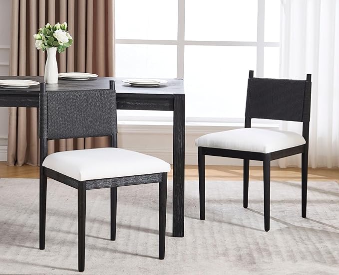 CIMOTA Black Dining Chairs Set of 2, Mid Century Modern Upholstered Dining Room Chairs with Woven Back, Armless Kitchen Chairs with Solid Wood Legs,Linen Beige
