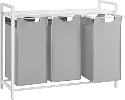 VASAGLE Laundry Hamper, Laundry Basket, Laundry Sorter with 3 Pull-Out and Removable Bags, Shelf, Metal Frame, 3 x 10.6 Gallons (40 L), 36.4 x 13 x 28.4 Inches, Dove Gray and Cloud White UBLH301W03