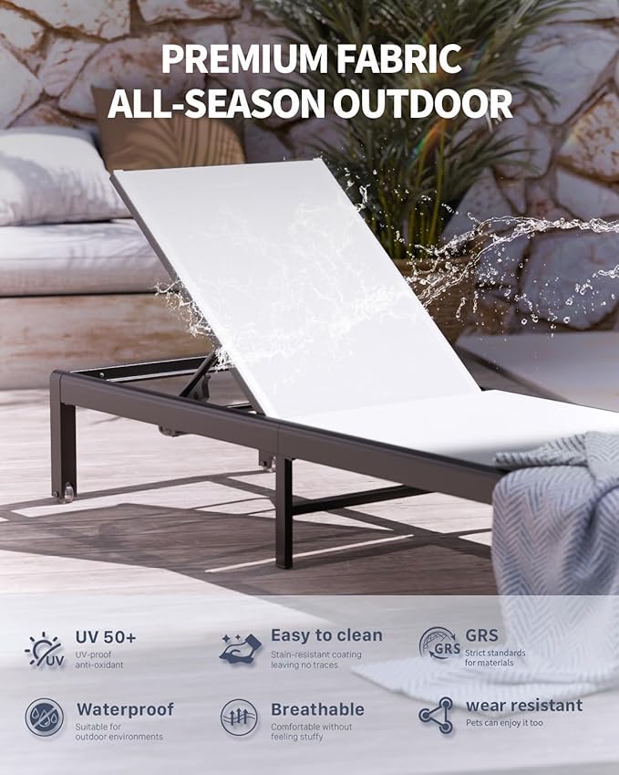 Aluminum Lounge Chairs Outdoor Chaise Furniture,2 Sets Patio Metal Deck Lounger Adjustable 5-Position Poolside Chase Recliner with Wheels for Beach,Coffee Table, (White, 2 Chairs + Table)