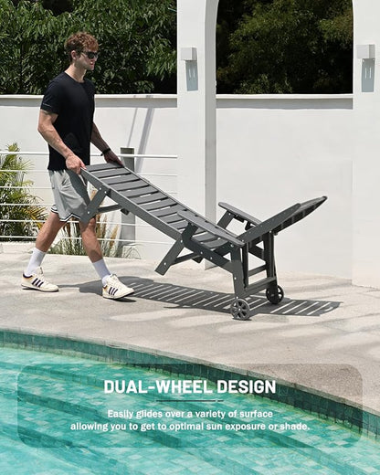 Lounge Chair Outdoor Set of 4 with Wheels, Adjustable 6-Position Chaise Lounge Outdoor, Patio Lounge Chair for Poolside Backyard, Grey