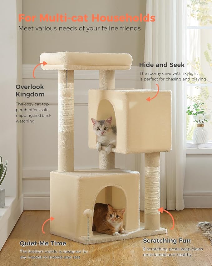 XL Cat Tree 44" Cat Tower for Large Cats 20 lbs+, 2 Spacious Caves with 3.4" Thickened Scratching Post, Large Top Perch, 2 Interactive Toys, Beige