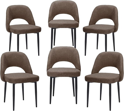 Modern Dining Chairs, Fabric Upholstered Accent Kitchen Chairs with Comfy Padded Seat & Sturdy Metal Legs, Side Farmhouse Chairs for Dining Room, Living Room, Restaurant (Brown, Set of 6)