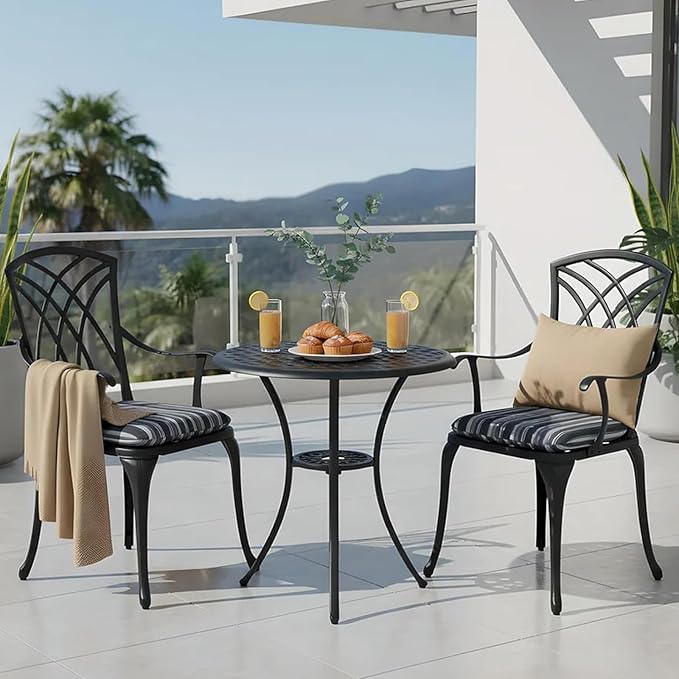 Outdoor Bistro Set 3 Piece Outdoor Bistro Table and Chairs Set Table with Umbrella Hole, Cushions, Cast Aluminum Patio Furniture for Porch, Backyard, Garden, Black
