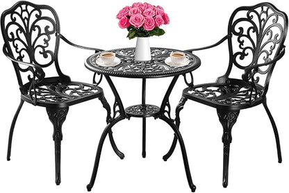 Bistro Set 3 Piece Outdoor, Bistro Table and Chairs Set of 2, All Weather Patio Bistro Set with Umbrella Hole, Patio Set for Garden, Black