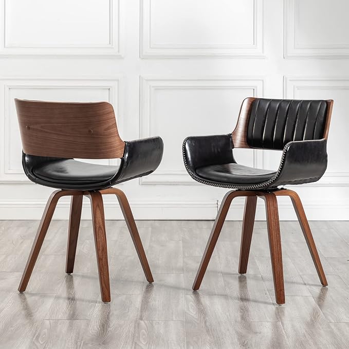 LUNLING Swivel Accent Faux Leather Dining Chairs Set of 2, Mid Century Modern Chairs with Wooden Legs/Armrest/Upholstered Seat/Adjustable Foots for Kitchen Dining Room Desk Chairs,Black…