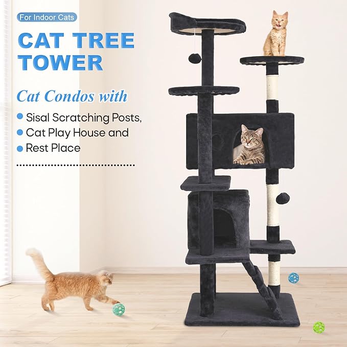 FDW | 54" Cat Tree Tower | Dark Gray | Multi-Level Indoor Activity Center with Sisal Scratching Posts, Condos, Plush Perches, Hanging Cat Toys | Sturdy, Easy to Assemble | for Kittens & Adult Cats