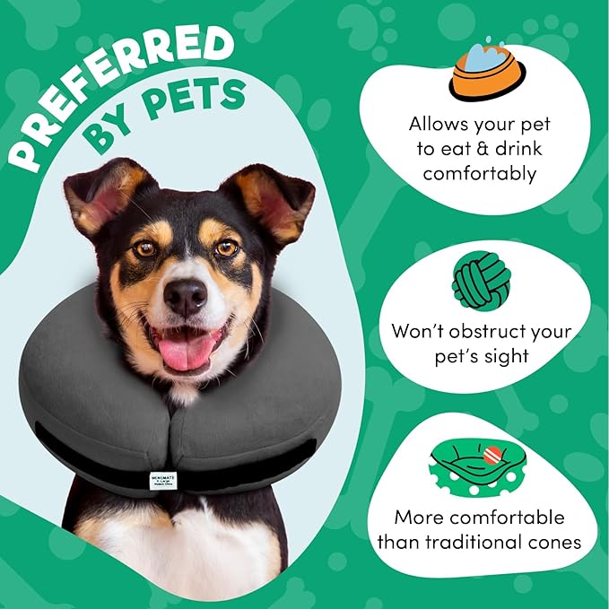 BENCMATE Inflatable Dog Cone Collar Alternative, Soft Dog Cone for Small Medium Large Dogs and Cats, Neck Recovery ECollar Donut Collar After Surgery (Small, Dark Grey)
