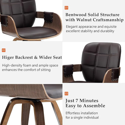 Set of 2 Swivel Walnut Dining Chairs - Mid Century Dining Chairs with Arm and Curved Back, Walnut Craftsmanship, Bentwood Structure, Perfect for Living Room/Reception/Restaurant/Kitchen (Coffee Brown)