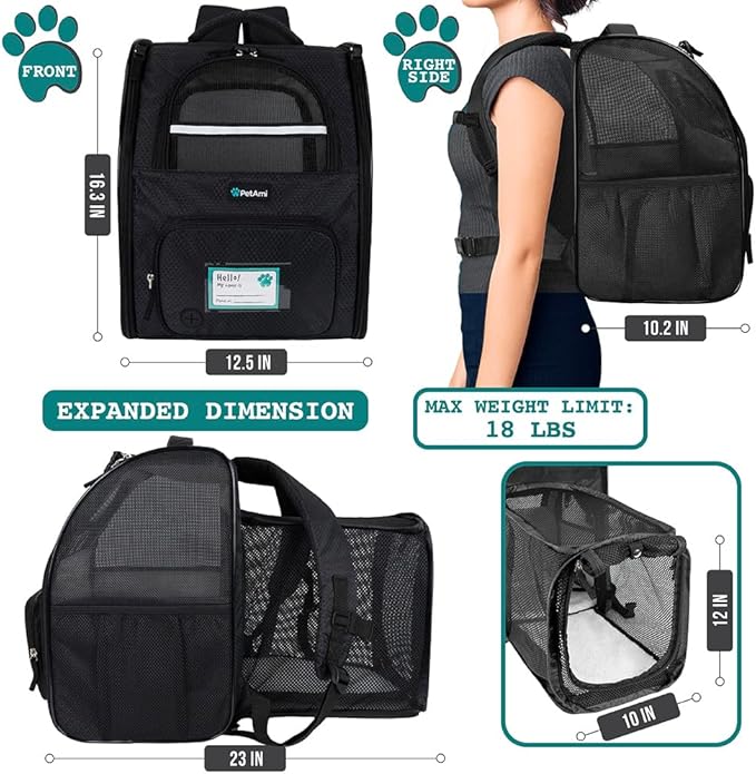 PetAmi Dog Cat Backpack Carrier, Expandable Pet Carrier Backpack for Travel Hiking, Small Medium Dog Puppy Large Cat Carrying Backpack, Airline Approved Ventilated Soft Back Support, 18 lbs, Black
