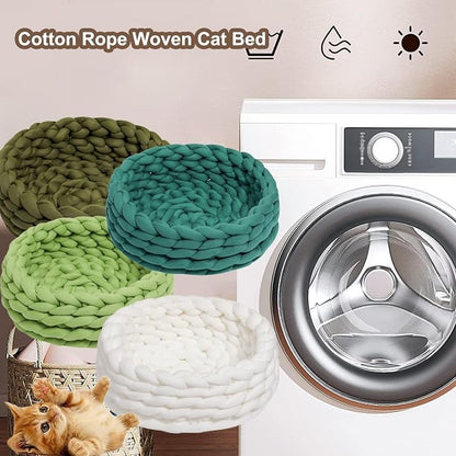 Woven Dog Bed Basket, Knitted Cotton Cat Bed Round Washable Woven Cat Pet Bed Chunky Dog Basket, Orthopedic, Chunky Knit Dog Nest,Dog Bed,Dog Cave,Dog Bedding(Green 1,17")
