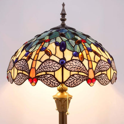 WERFACTORY Tiffany Floor Lamp Blue Yellow Stained Glass Dragonfly Standing Reading Light 16X16X64 Inches Antique Pole Corner Lamp Decor Bedroom Living Room Home Office S128 Series