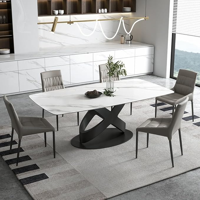 POVISON 71" Modern Dining Table for 4-6 People, Matte White Sintered Stone Table Top with X-Shape Carbon Steel Pedestal, Large Rectangular Table for Kitchen Living Room