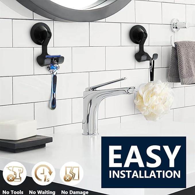 2-Pack Razor Holder for Shower with Suction Cup - Vacuum Wreath Hanger for Door, Wall, or Window, No Drill Adhesive Hook for Bathroom, Kitchen, Hotel - Black