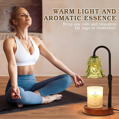 Small Candle Warmer Lamp with Timer, Adjustable Green Lamp Warmer for Jar Candles, Unique Women Gifts for Birthday, Dimmable Candle Heater, Christmas Gifts, Cute Wax Warming Light with Wood Base