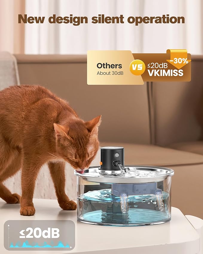 Wireless Cat Water Fountain Cordless: 108oz/3.2L Battery Operated Pet Fountain with Stainless Steel Water Tray + Plastic Barrel (Cat Fountains with 8 Filters & 8 Sponges)