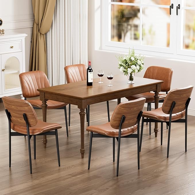 Dining Chairs Set of 6, Dining Room and Kitchen Chairs, Mid Century Modern Accent Chair, Upholstered PU Leather Chairs for Vanity with Walnut Bentwood and Metal Legs, Light Tan