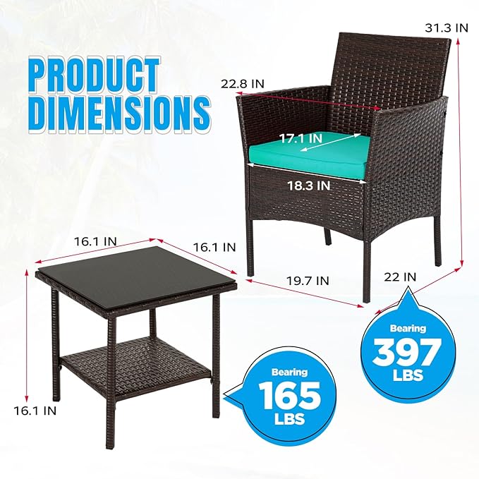 FDW | 3-Piece Patio Furniture Set | Brown & Blue | Outdoor Wicker Furniture with Coffee Table | Modern Rattan Chairs Conversation Set | Outdoor Seating | Weather-Resistant | for Porch, Garden, Lawn
