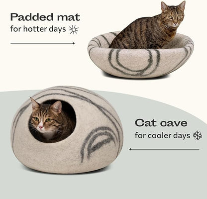 MEOWFIA Cat Cave – Premium Felt Cat Bed for Indoor Cats, Handmade 100% Merino Wool (Light Grey, Large)