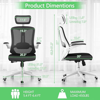 Office Chair,Ergonomic Comfy Home Desk Chair with 350LBS Capacity,High Back Gaming Chair with Wheels,Mesh Computer Chair,Lumbar Support, Adjustable Headrest,Flip-up Armrest (B-Black + White)