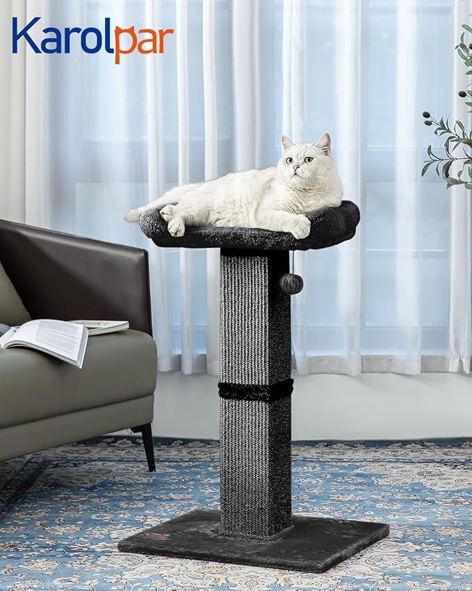 32" Cat Scratching Post for Indoor Cats, Sisal Cat Scratcher with Plush Perch, Large Scratch Post with Bed, Removable Cover, Sisal Fabric,Black
