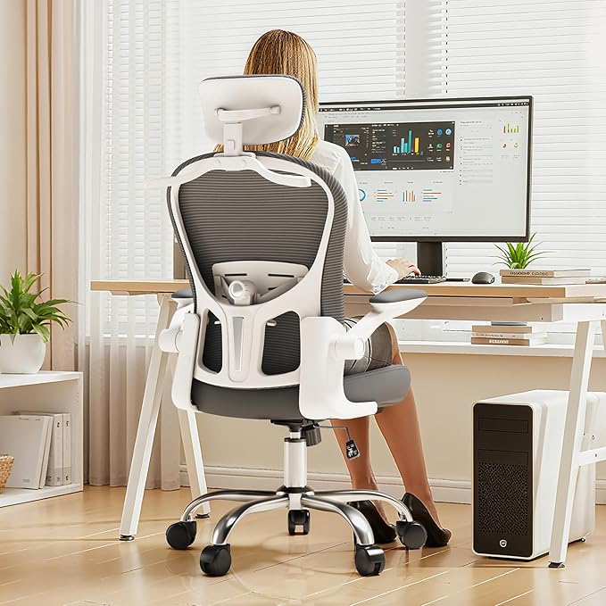 Ergonomic Gaming Chair with Adjustable Lumbar Support and Headrest, High Back Computer Chair for Office and Home Desk, 90-120° Reclining Swivel Task Chair with Flip-Up Arms(White-Grey)