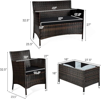 Tangkula 8 PCS Patio Rattan Conversation Set, Outdoor Wicker Furniture Set with Tempered Glass Coffee Table &Thick Cushion, Rattan Chair Wicker Set for Garden, Lawn, Poolside and Backyard (2, Black)